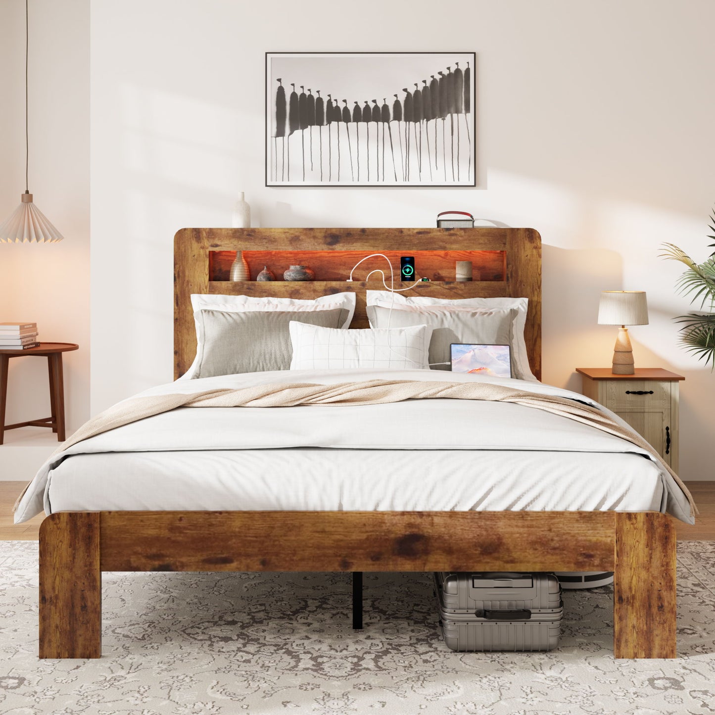 Wood Platform Bed Frame With Storage LED Light Headboard & USB - The Sleep Loft - Online Mattress Showroom NYC