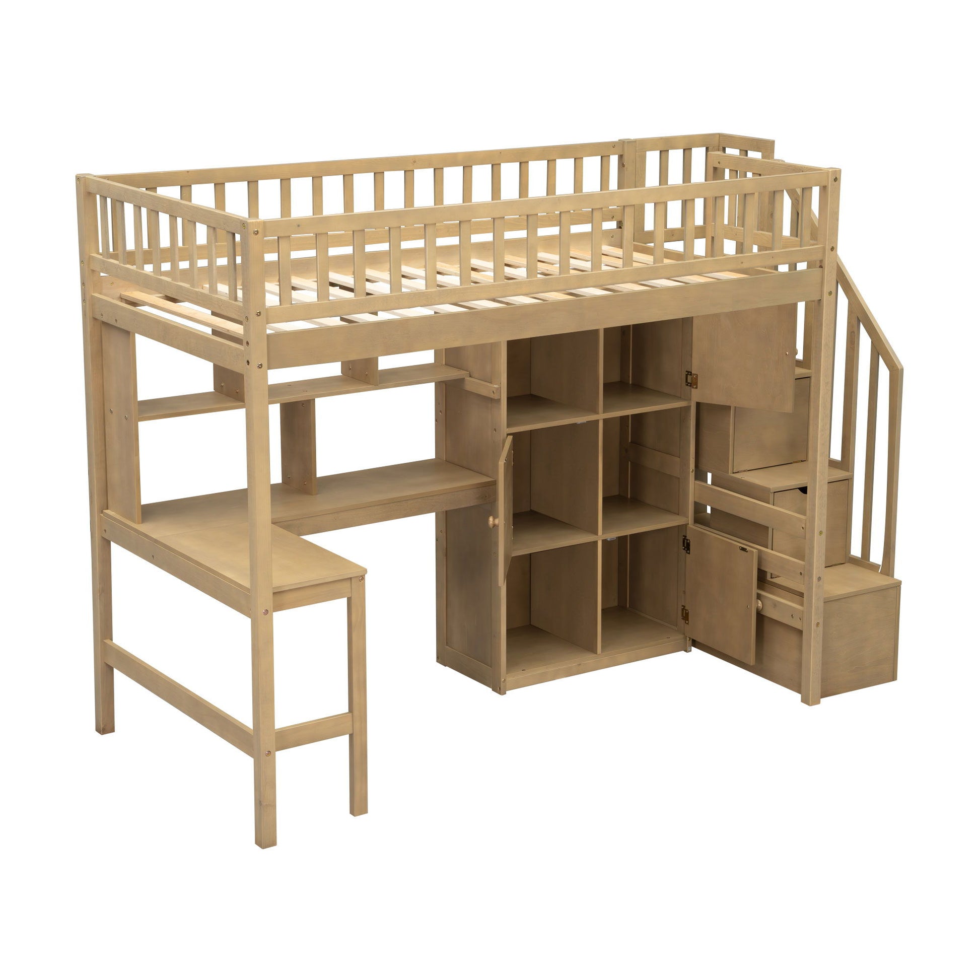 Loft Bed With Built In L Shaped Desk, LED Lights, Storage Shelves, Cabinets, And Staircase - The Sleep Loft - Online Mattress Showroom NYC