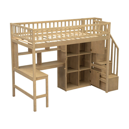 Loft Bed With Built In L Shaped Desk, LED Lights, Storage Shelves, Cabinets, And Staircase - The Sleep Loft - Online Mattress Showroom NYC