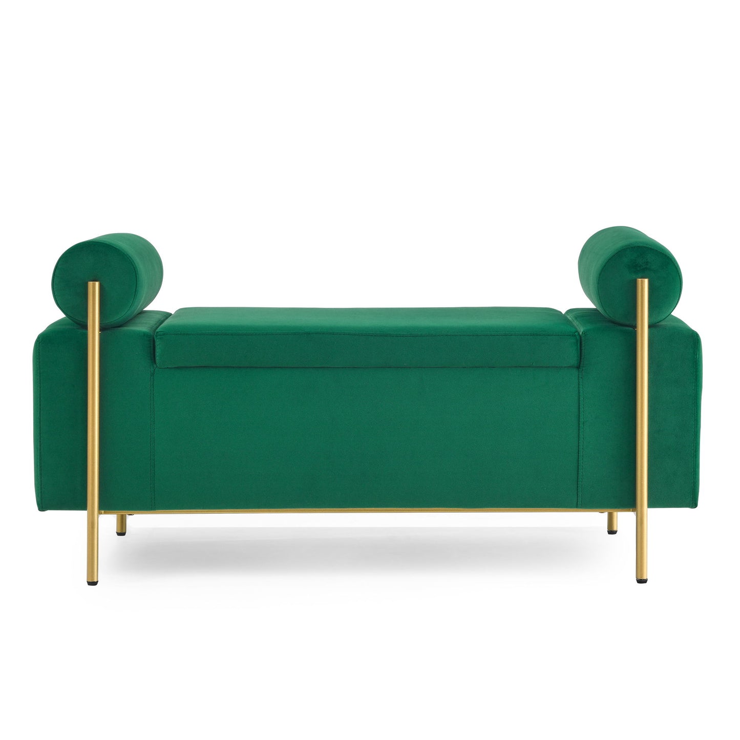 Elegant Upholstered Storage Bench With Cylindrical Arms And Iron Legs, - The Sleep Loft - Online Mattress Showroom NYC