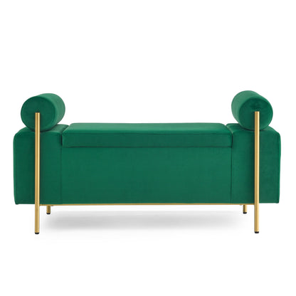 Elegant Upholstered Storage Bench With Cylindrical Arms And Iron Legs, - The Sleep Loft - Online Mattress Showroom NYC