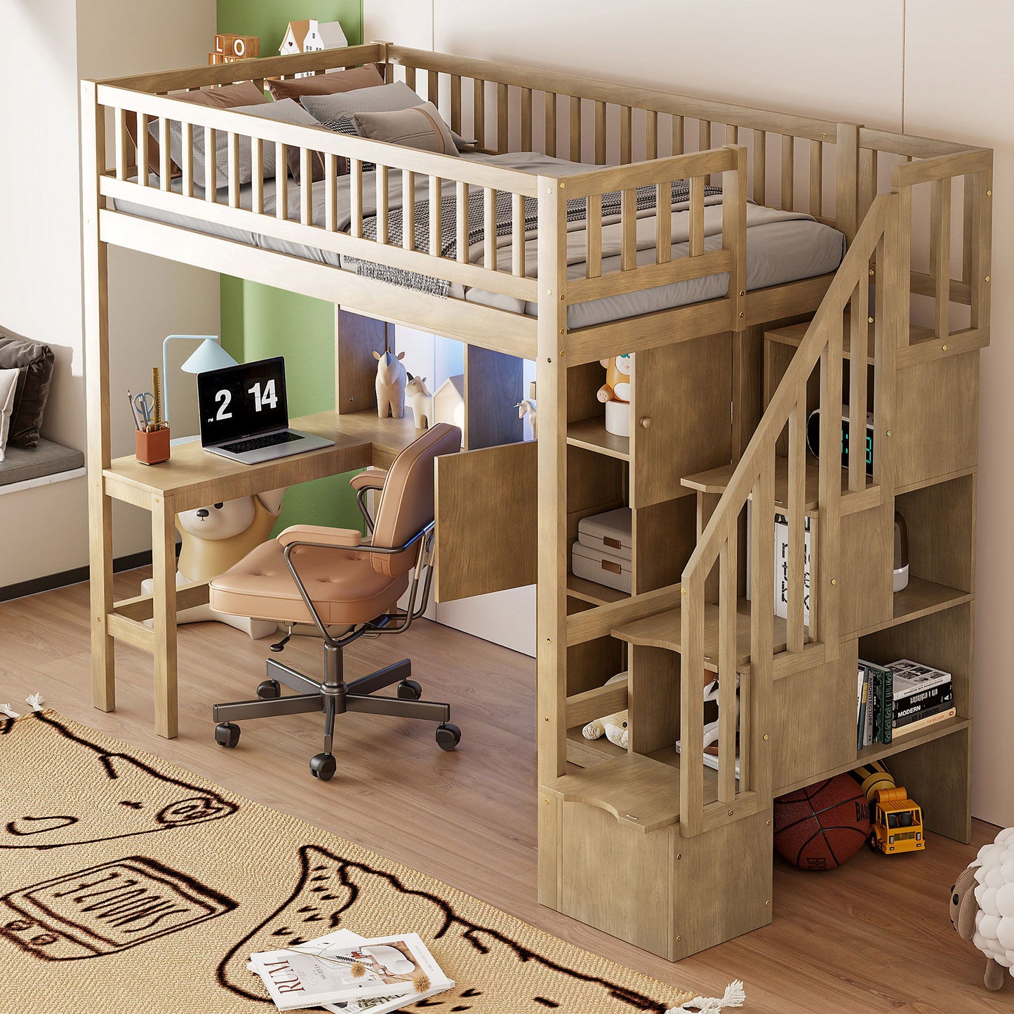 Loft Bed With Built In L Shaped Desk, LED Lights, Storage Shelves, Cabinets, And Staircase - The Sleep Loft - Online Mattress Showroom NYC