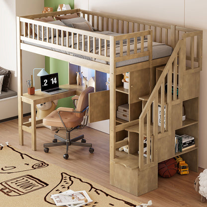 Loft Bed With Built In L Shaped Desk, LED Lights, Storage Shelves, Cabinets, And Staircase - The Sleep Loft - Online Mattress Showroom NYC