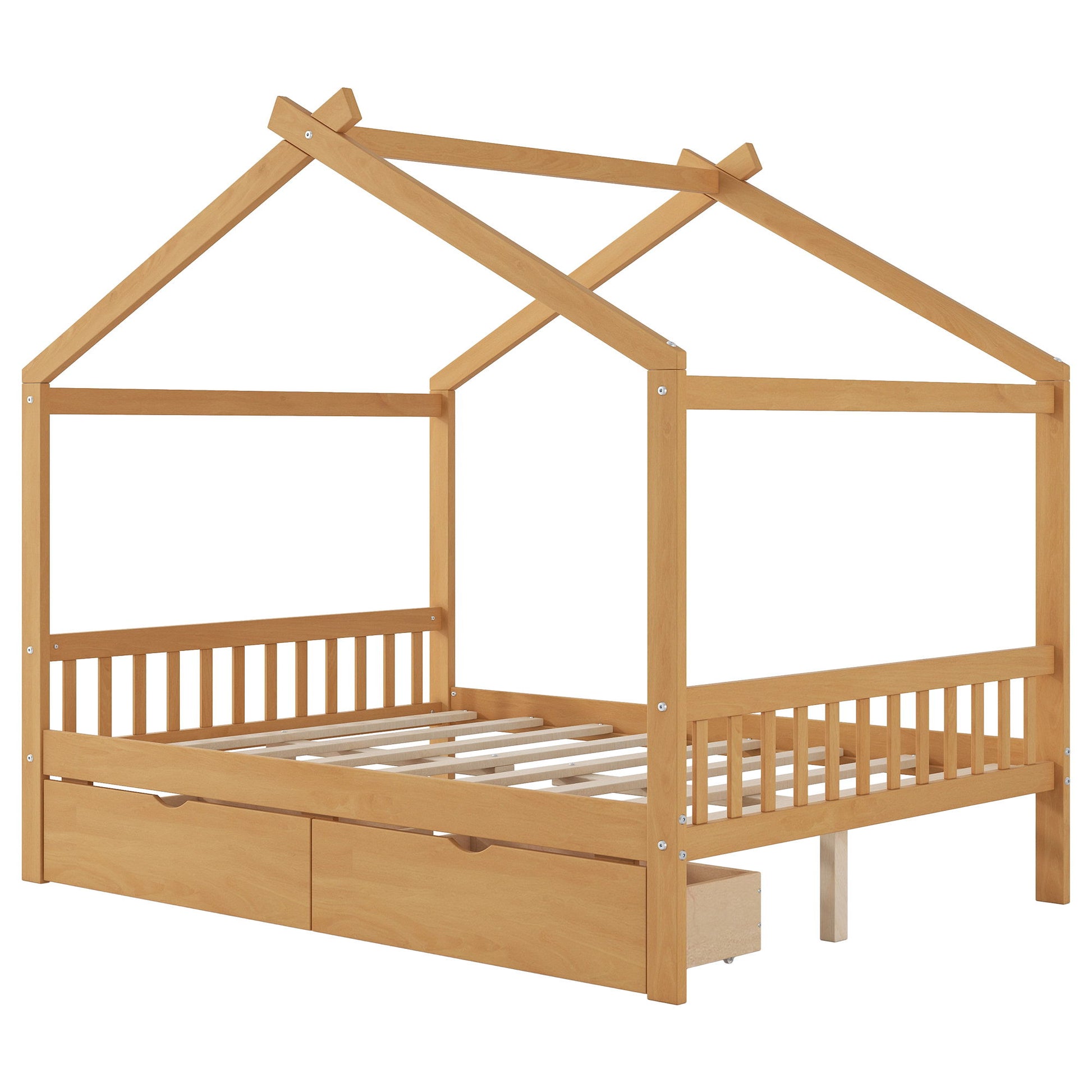 House Style Platform Bed With Headboard, Footboard, 2 Drawers, And Roof Design - The Sleep Loft - Online Mattress Showroom NYC