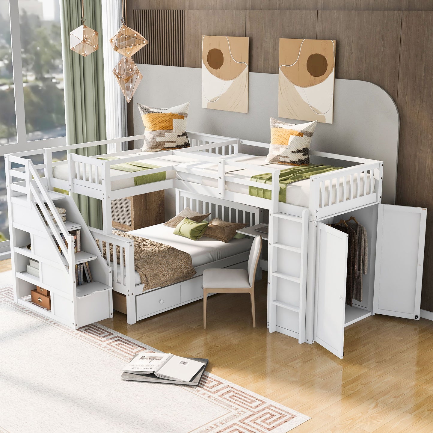 L Shaped Bunk Bed With 3 Drawers, Portable Desk And Wardrobe - The Sleep Loft - Online Mattress Showroom NYC