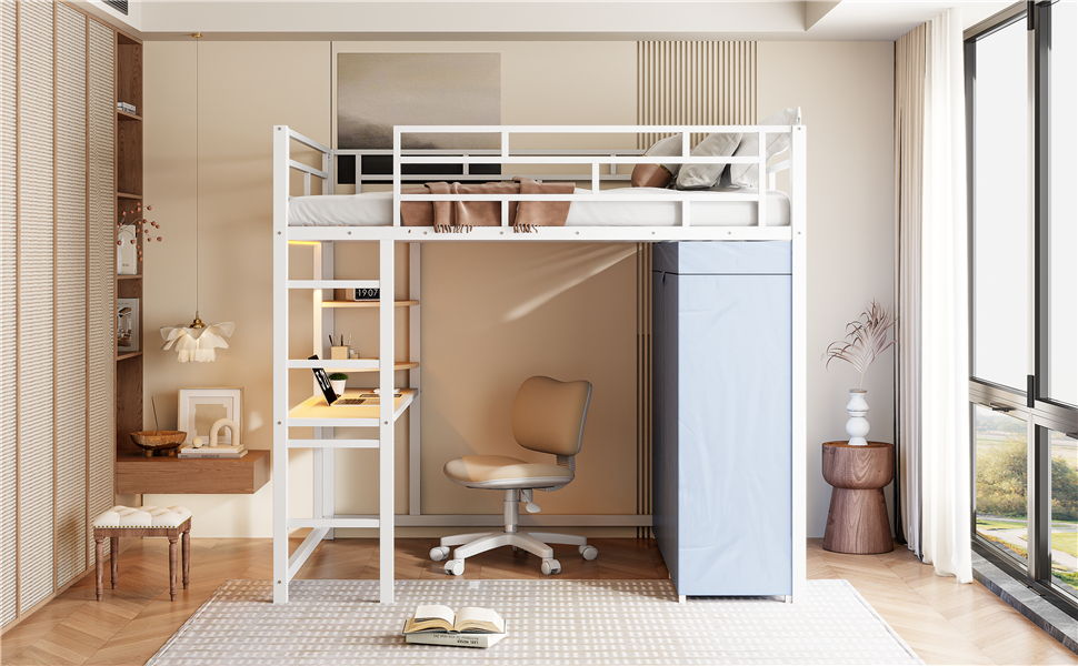 Loft Bed With Desk, Shelves, Power Outlet, LED Light And Wardrobe - The Sleep Loft - Online Mattress Showroom NYC