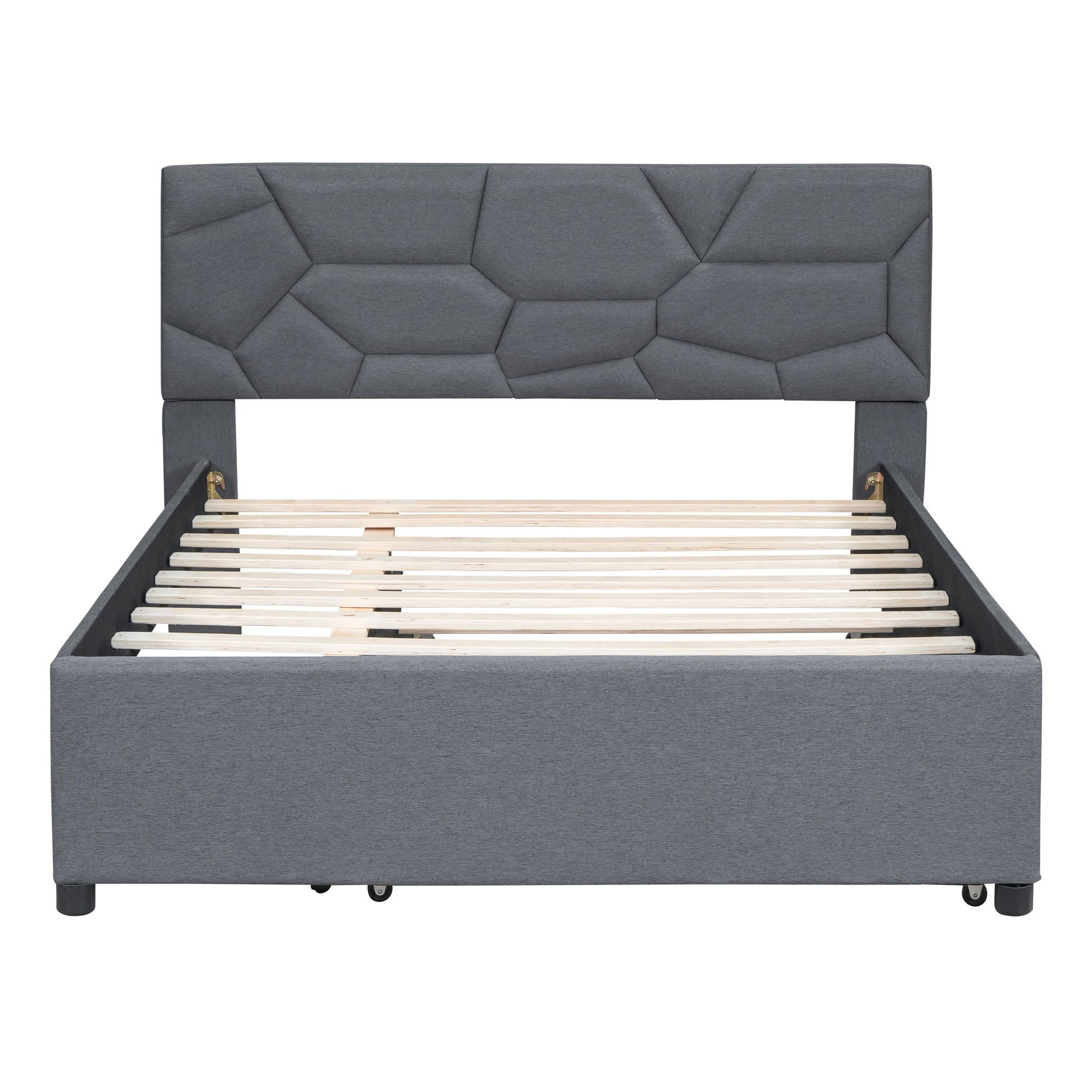 Upholstered Platform Bed With Brick Pattern Headboard And Twin Long Size Trundle - The Sleep Loft - Online Mattress Showroom NYC