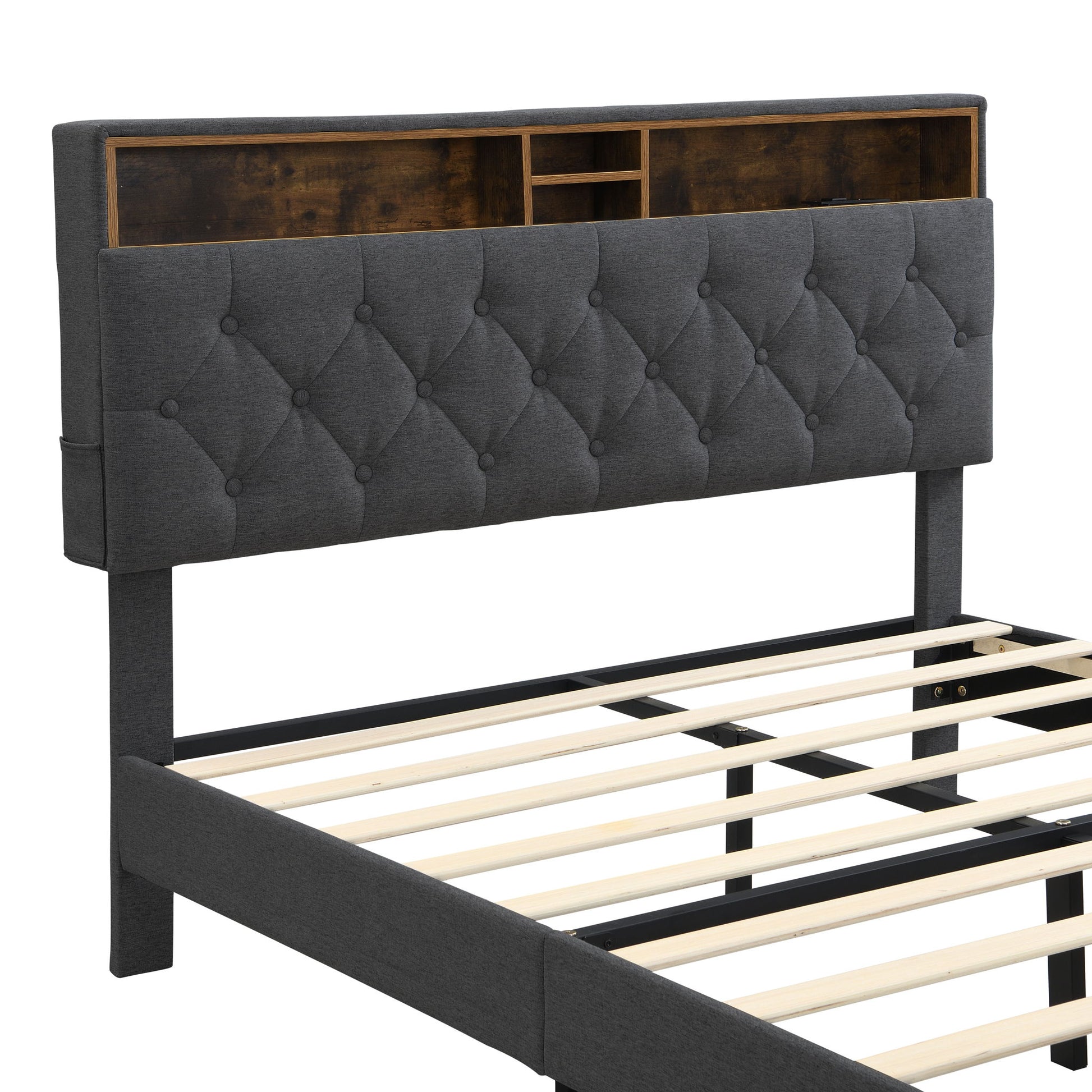 Modern Upholstered Platform Bed Frame With Button Tufted Headboard And USB Ports - The Sleep Loft - Online Mattress Showroom NYC