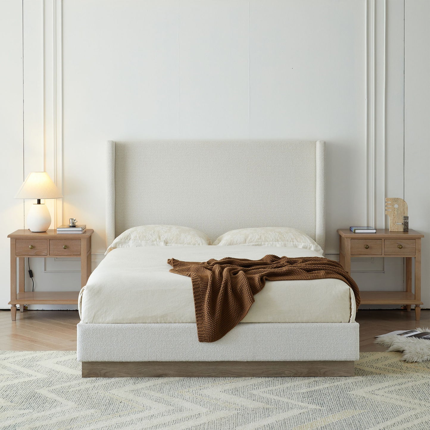 Hosford - Minimalist Upholstered Wingback Bed With Wood Base Platform - The Sleep Loft - Online Mattress Showroom NYC