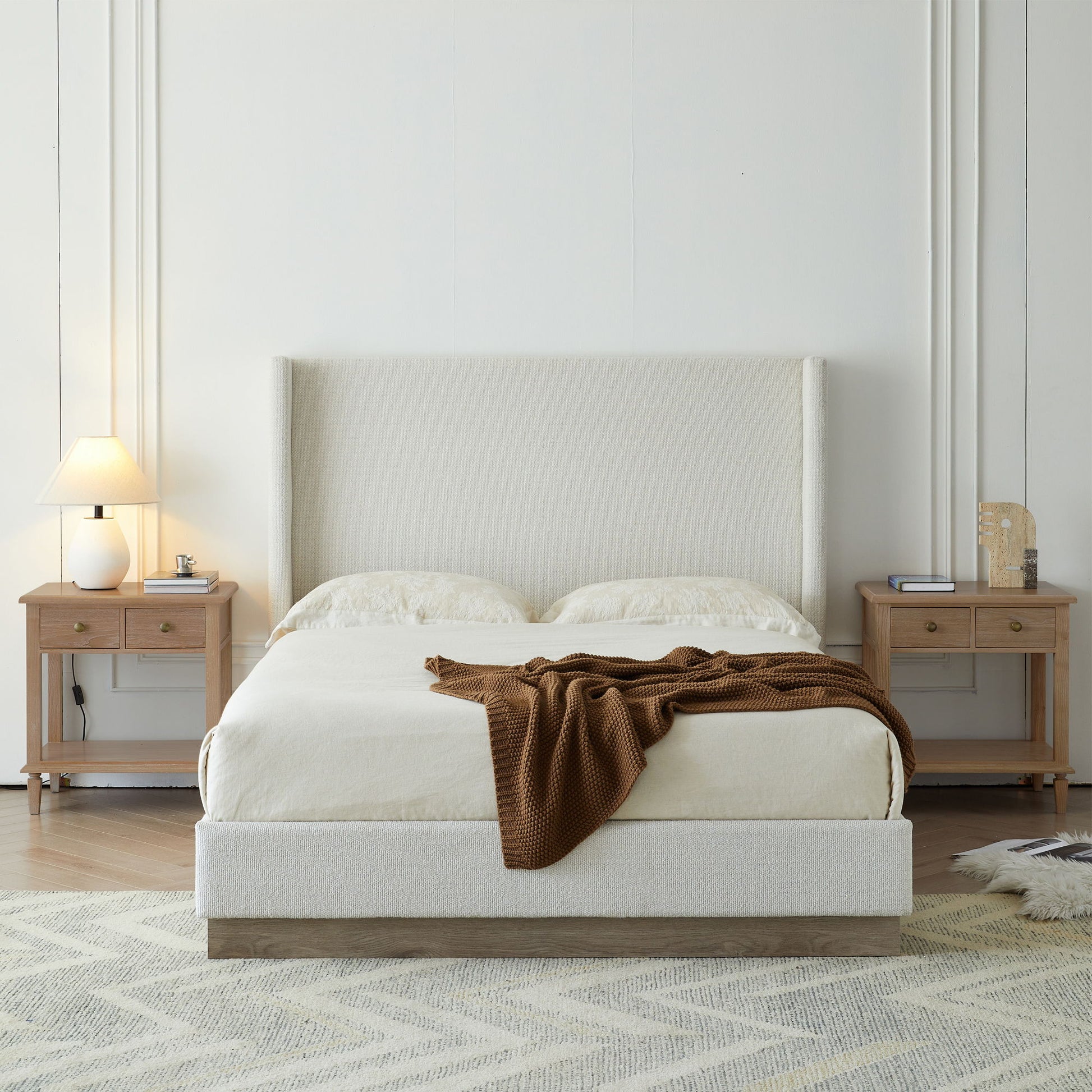 Hosford - Minimalist Upholstered Wingback Bed With Wood Base Platform - The Sleep Loft - Online Mattress Showroom NYC