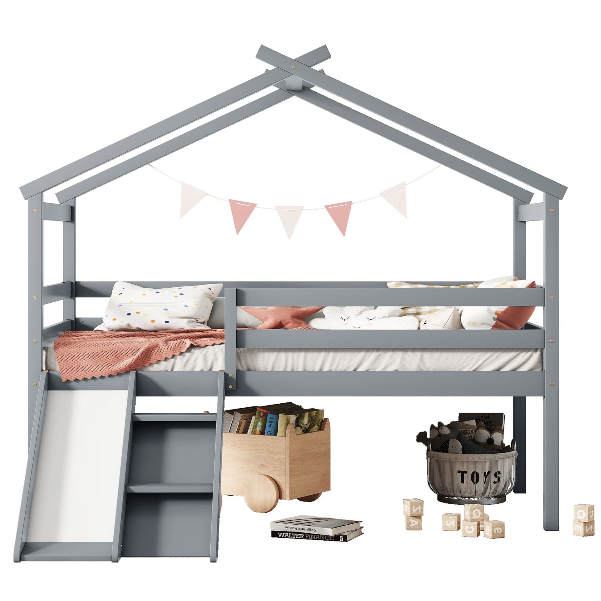 Low Loft House Bed With Slide, Ladder, Safety Guardrails, House Roof Frame - The Sleep Loft - Online Mattress Showroom NYC