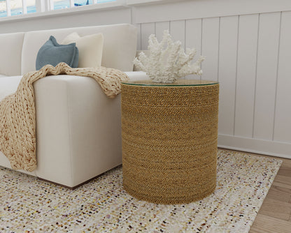 Halden Round Woven Seagrass Accent Side Table Light Brown