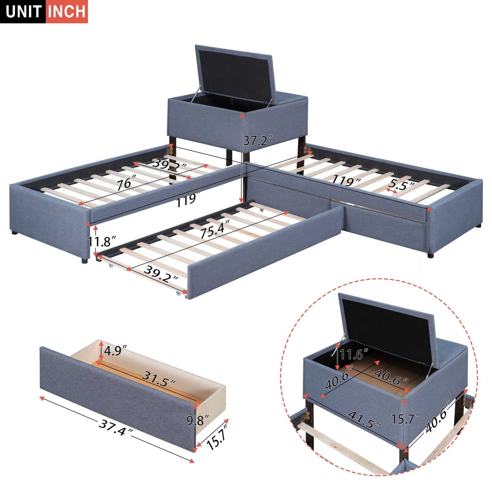 L Shaped Upholstered Platform Bed With Trundle And 2 Drawers Linked With Built In Desk - The Sleep Loft - Online Mattress Showroom NYC
