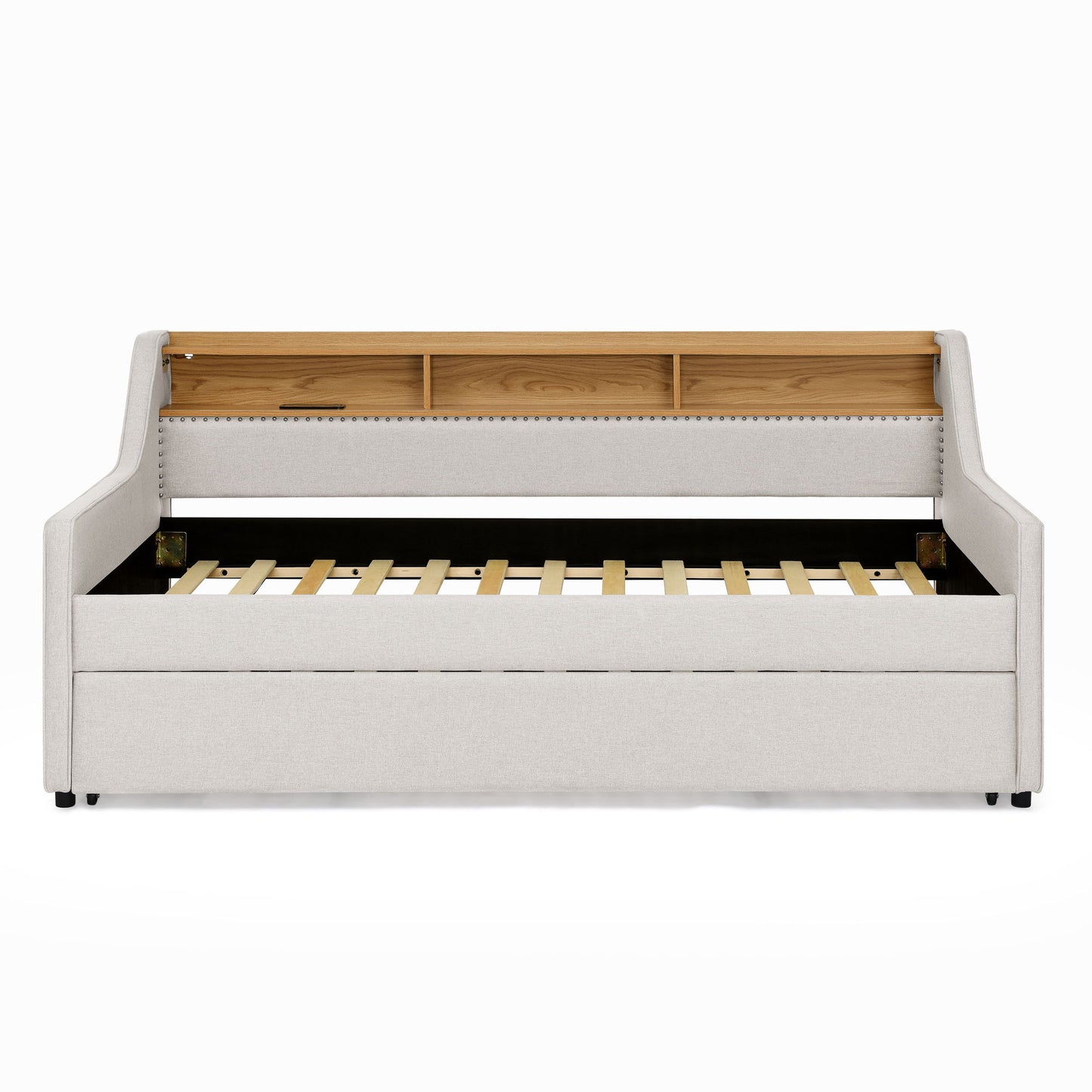 Upholstered Sofa Bed With LED Lights, Storage Headboard, Foldable Trundle & Wireless Charging - The Sleep Loft - Online Mattress Showroom NYC