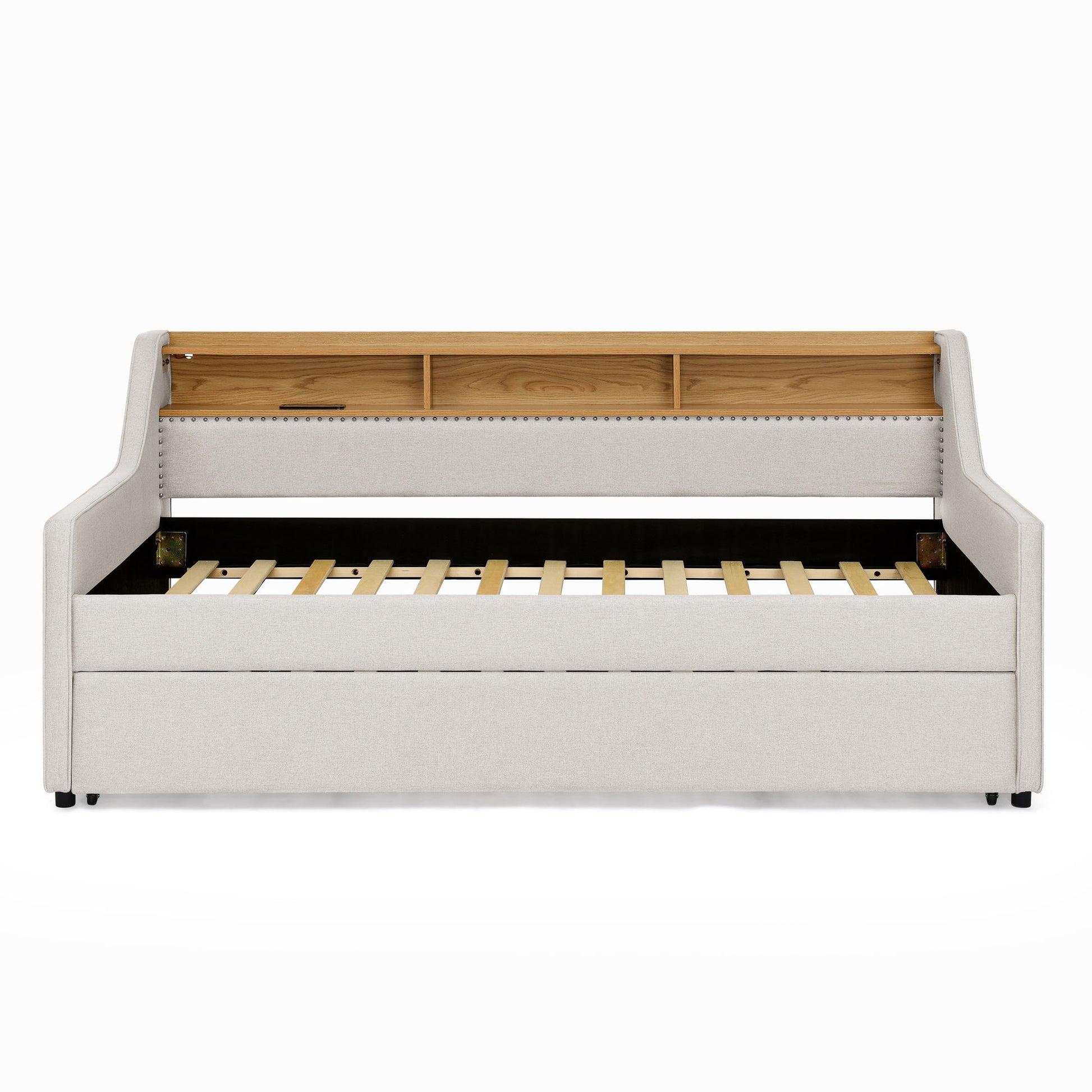 Upholstered Sofa Bed With LED Lights, Storage Headboard, Foldable Trundle & Wireless Charging - The Sleep Loft - Online Mattress Showroom NYC
