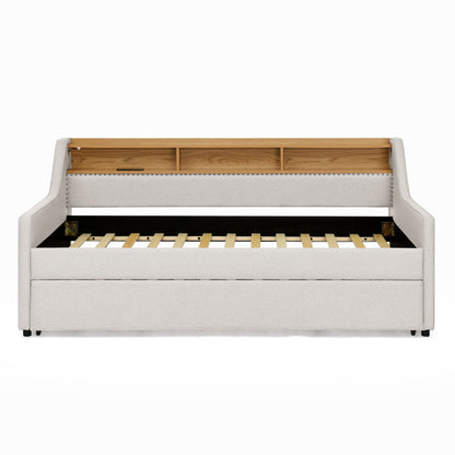 Upholstered Sofa Bed With LED Lights, Storage Headboard, Foldable Trundle & Wireless Charging - The Sleep Loft - Online Mattress Showroom NYC