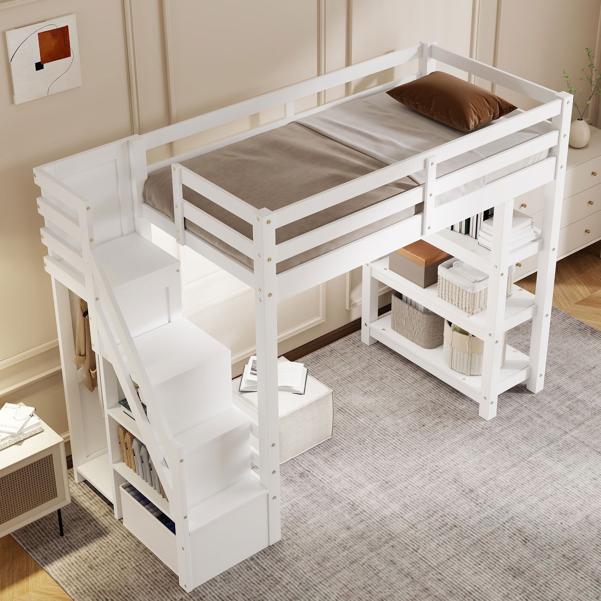Loft Bed With 4 Layer Shelves, Storage Staircase, Small Wardrobe And LED Light - The Sleep Loft - Online Mattress Showroom NYC