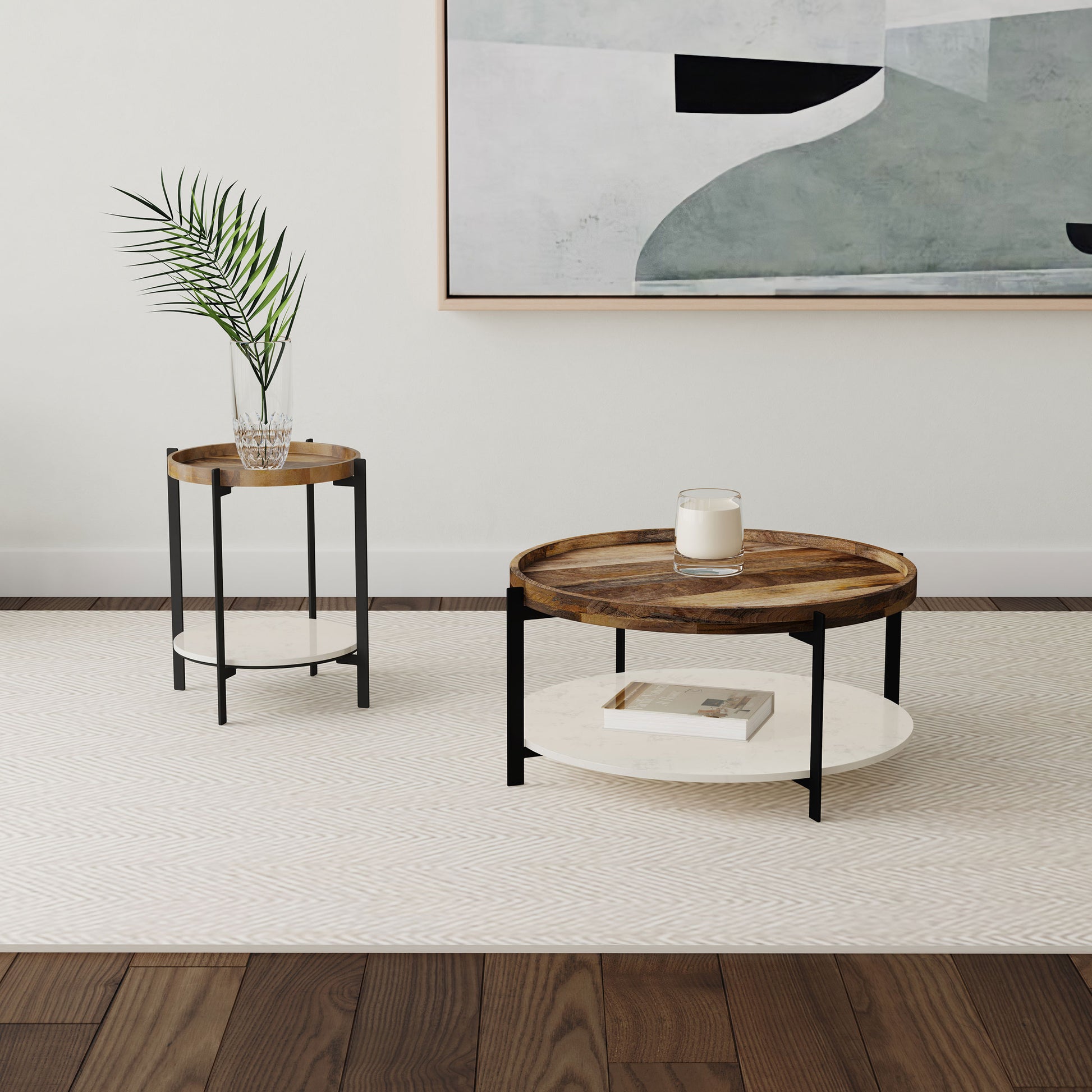 Adhvik Round End Side Table Marble Shelf Natural and Black