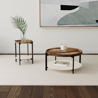 Adhvik Round End Side Table Marble Shelf Natural and Black