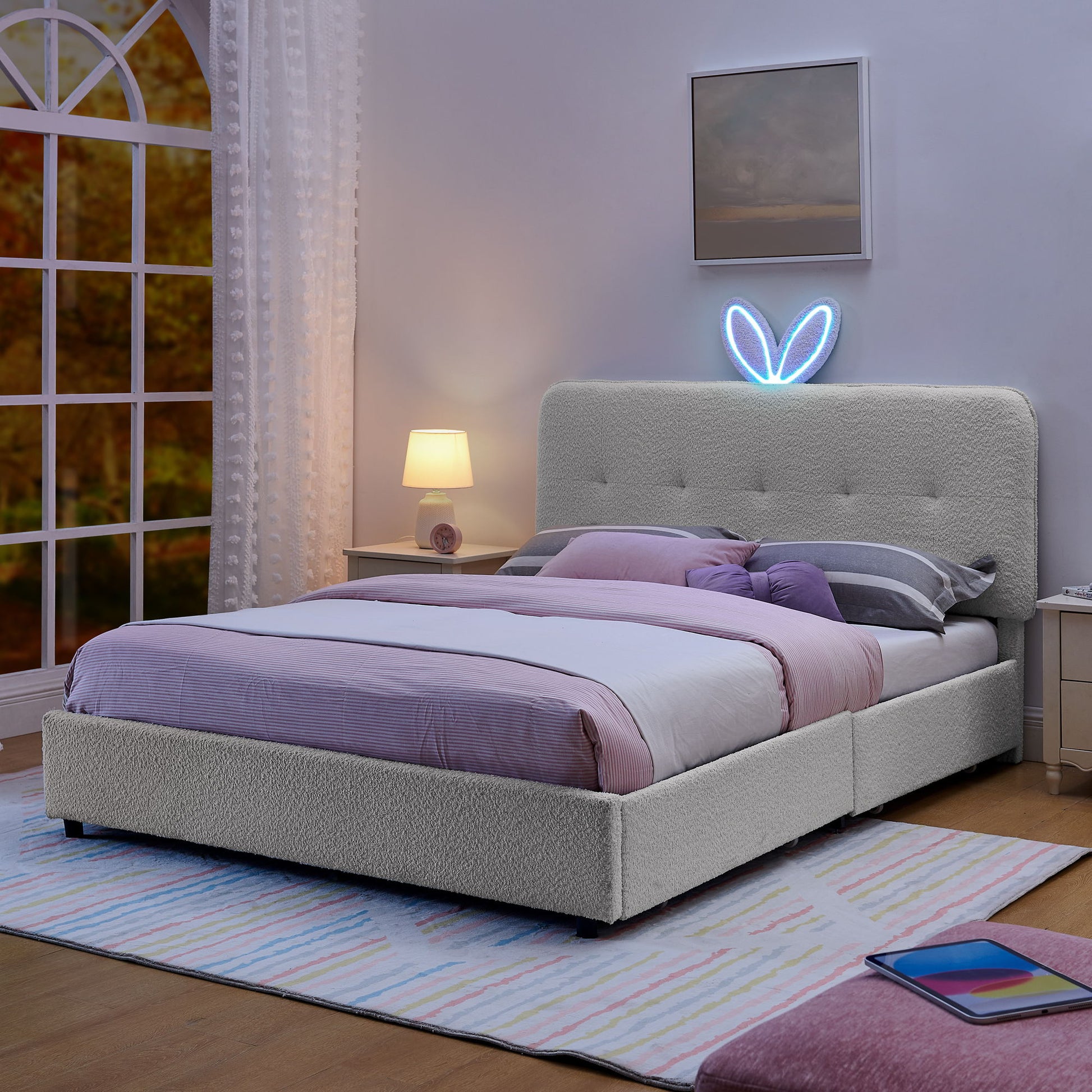 Upholstered Bed With Oversized Rabbit Ear Headboard, LED Lights & 4 Storage Drawers - The Sleep Loft - Online Mattress Showroom NYC