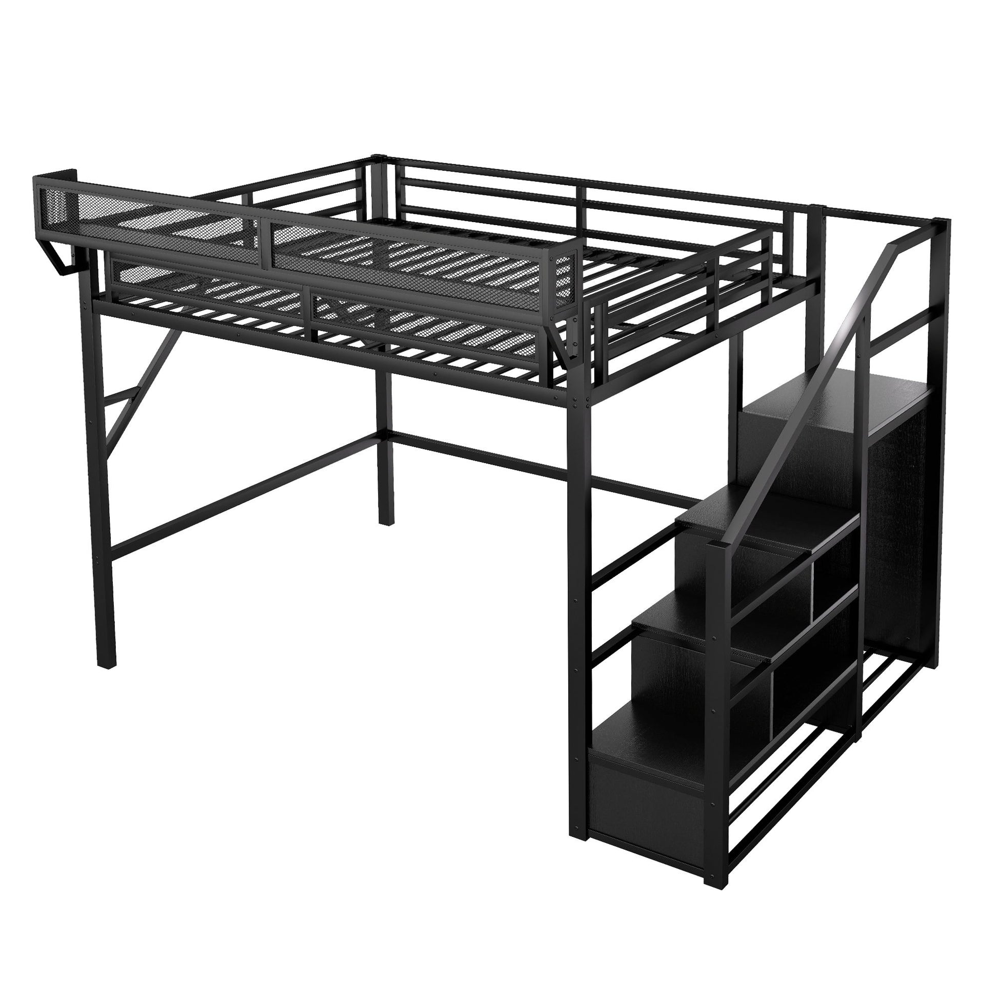 Queen Size Loft Bed With Stairs, Storage Shelves, Wardrobe - Black - The Sleep Loft - Online Mattress Showroom NYC