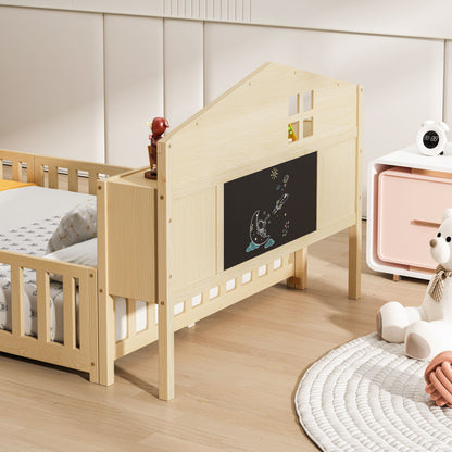 Full Size Montessori Floor Bed With Bookcases And boards, Solid Wood Platform Bed With Guard Rails And Storage Headboards - Natural - The Sleep Loft - Online Mattress Showroom NYC