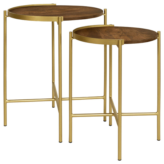 Malka 2-piece Round Wood Nesting Table Dark Brown and Gold - The Sleep Loft - Online Mattress Showroom NYC