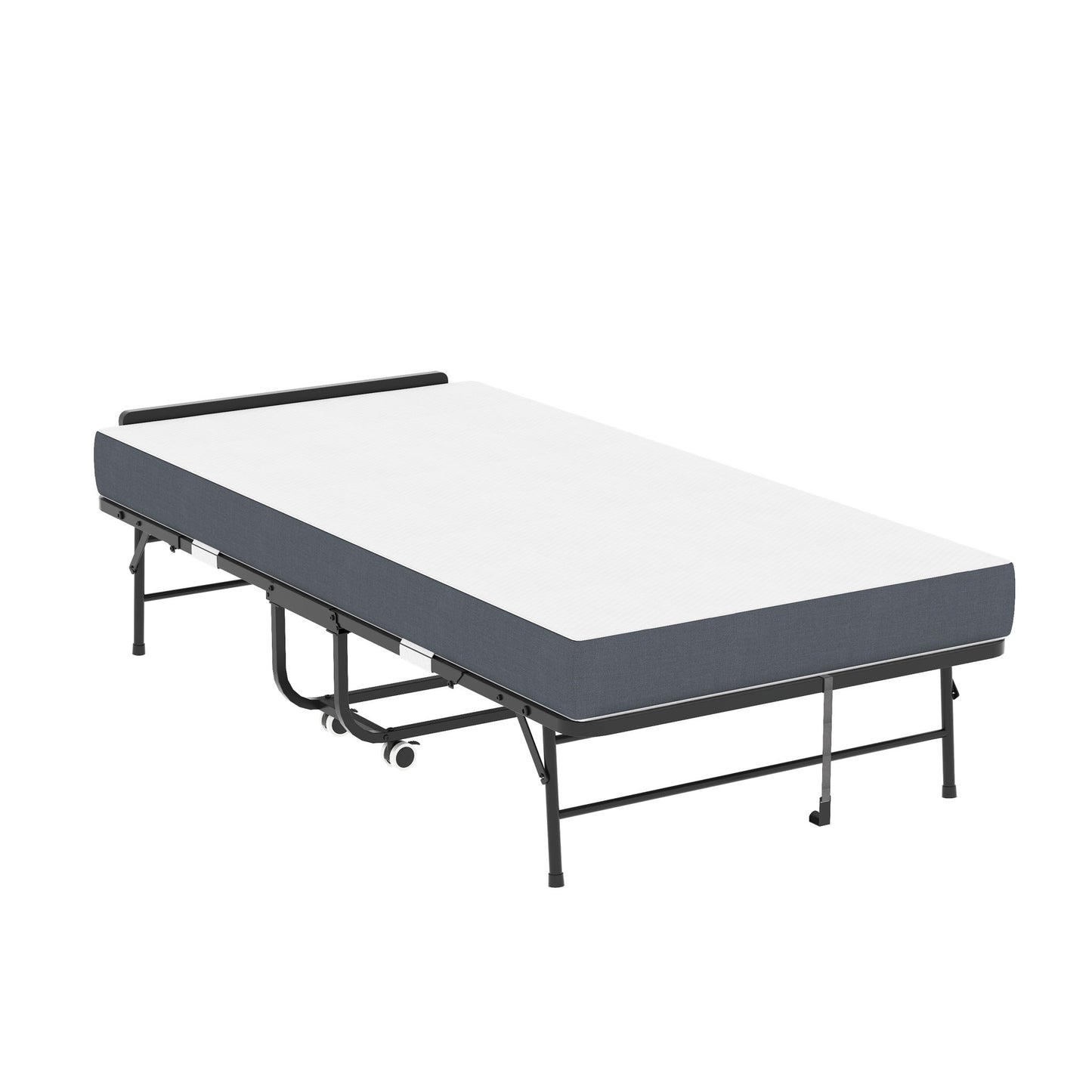 Twin Adjustable Headboard Folding Bed With Memory Foam Mattress, Heavy-Duty Frame Cot For Tall People, Portable Guest On Wheels - Black - The Sleep Loft - Online Mattress Showroom NYC
