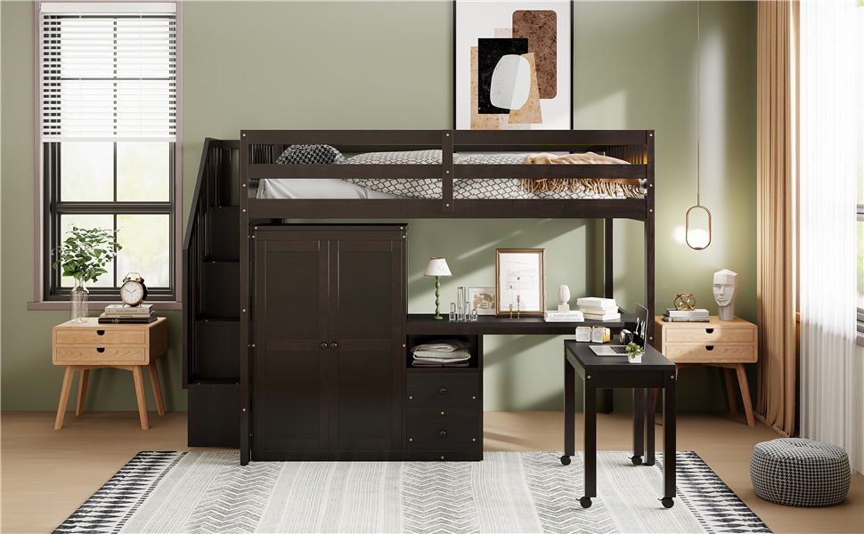 Loft Bed With Stairs, Bookshelf, Drawers, Desk & Wardrobe, Space Saving Multifunctional Furniture - The Sleep Loft - Online Mattress Showroom NYC