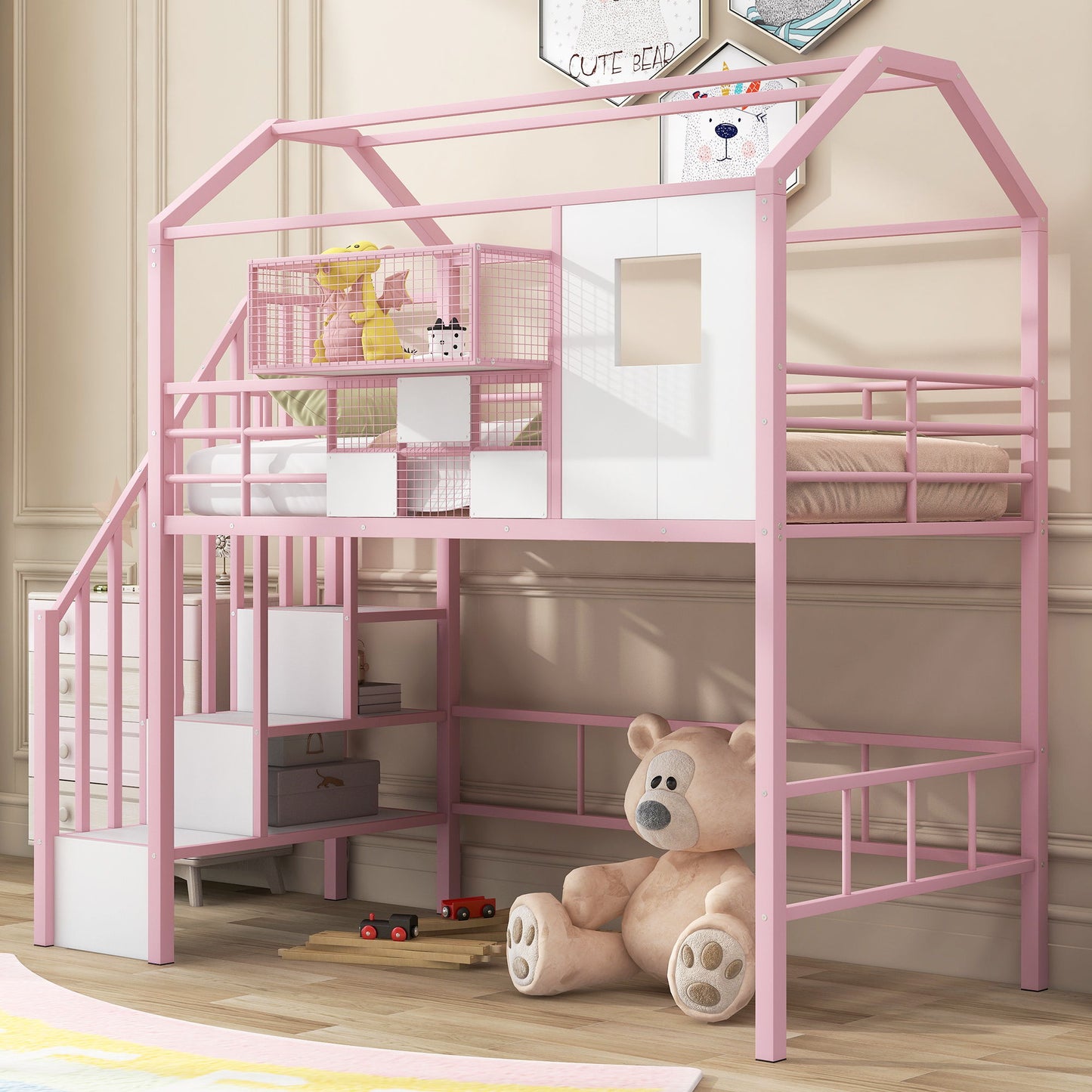 Metal Loft Bed With Roof Design And Storage Box With Guardrails And Integrated Ladder - The Sleep Loft - Online Mattress Showroom NYC