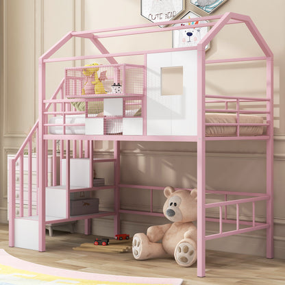 Metal Loft Bed With Roof Design And Storage Box With Guardrails And Integrated Ladder - The Sleep Loft - Online Mattress Showroom NYC
