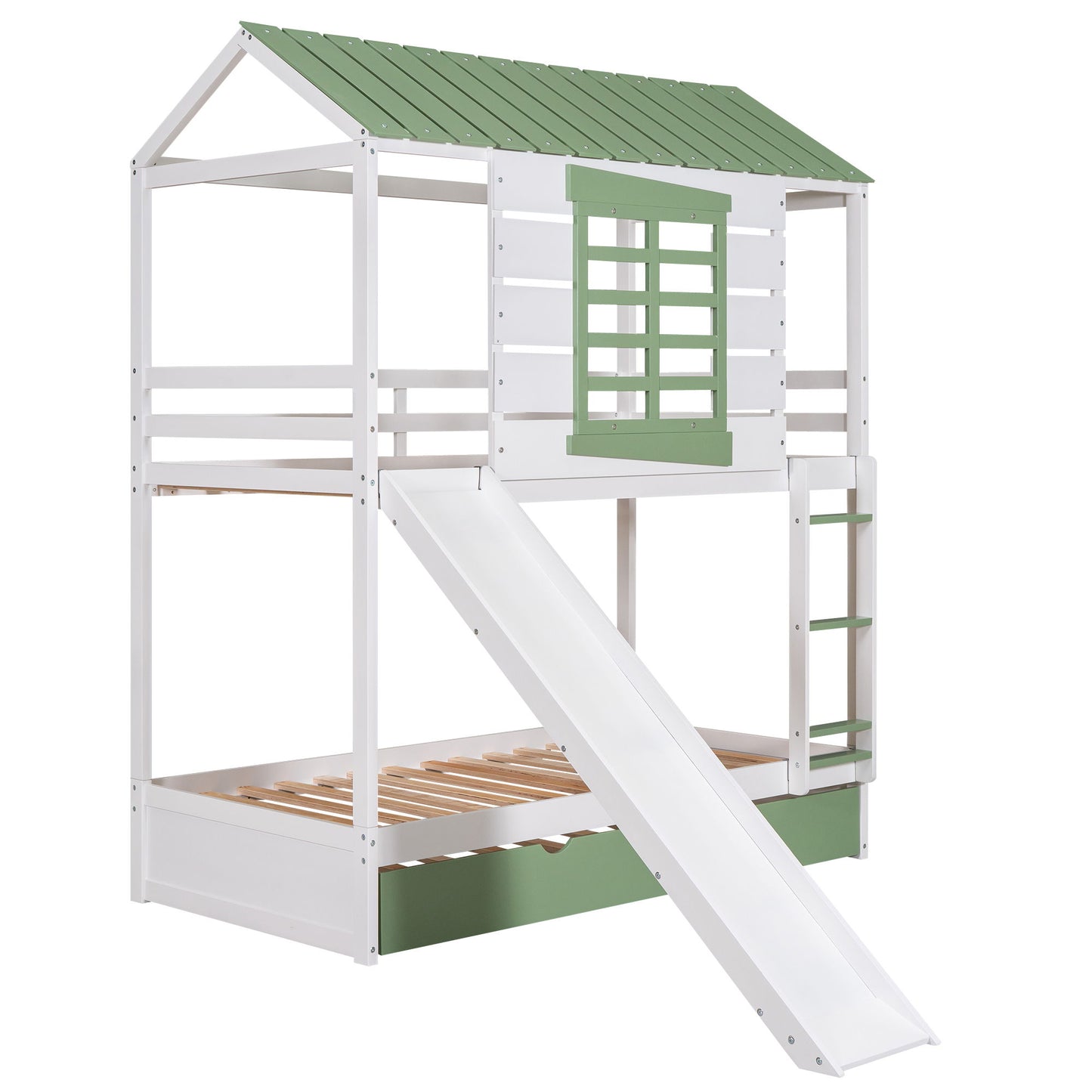 Twin Over Twin House Bunk Bed With Convertible Slide And Trundle - White - The Sleep Loft - Online Mattress Showroom NYC
