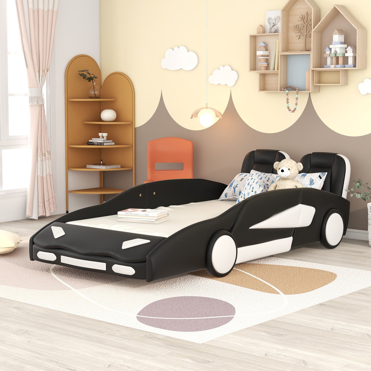 Race Car Shaped Twin Platform Bed With Wheels, Pine Wood Construction - The Sleep Loft - Online Mattress Showroom NYC
