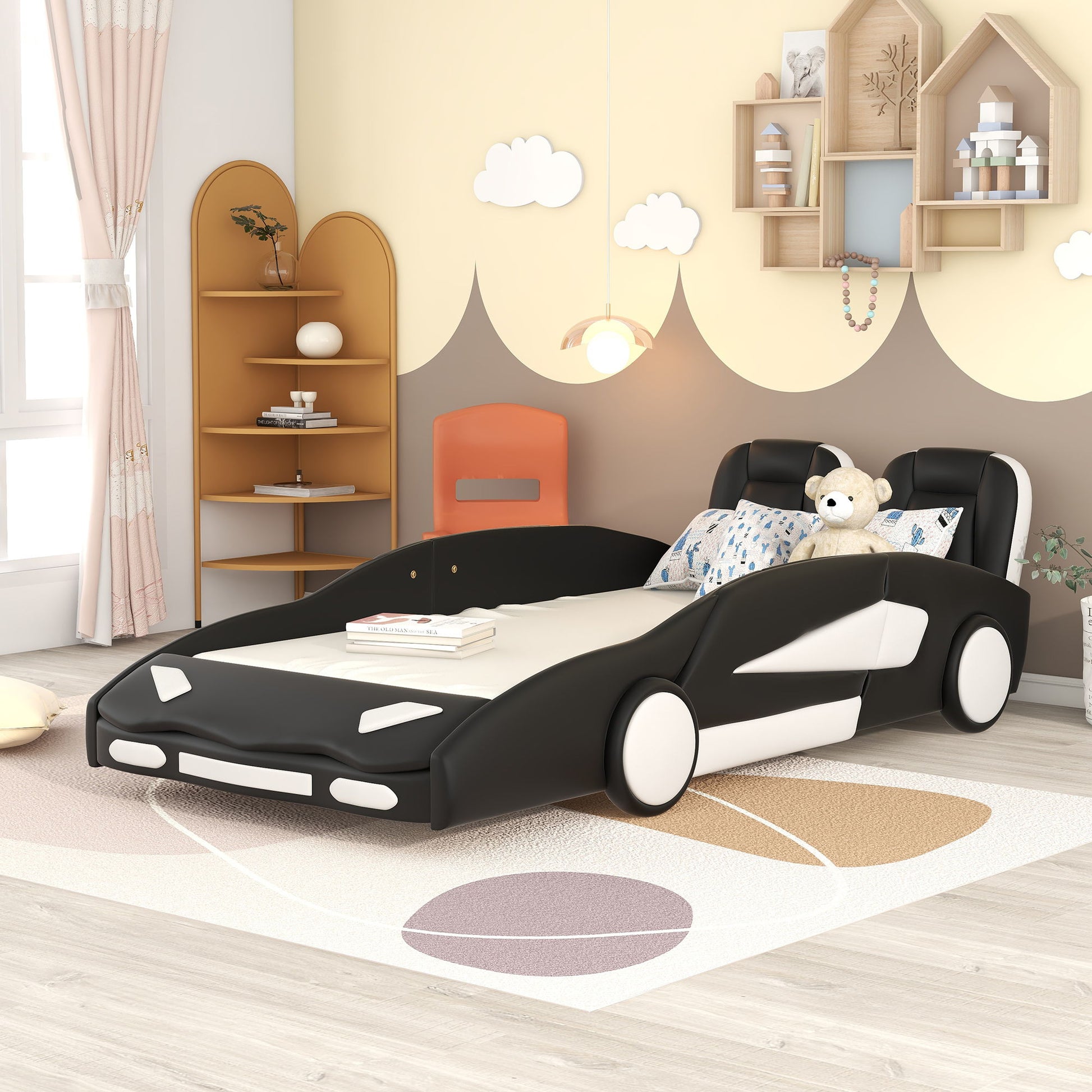Race Car Shaped Twin Platform Bed With Wheels, Pine Wood Construction - The Sleep Loft - Online Mattress Showroom NYC