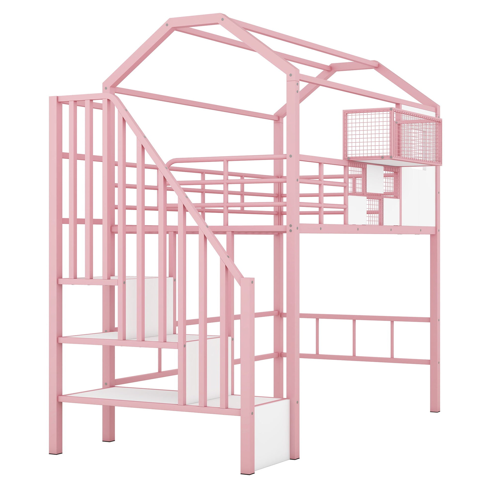 Metal Loft Bed With Roof Design And Storage Box With Guardrails And Integrated Ladder - The Sleep Loft - Online Mattress Showroom NYC