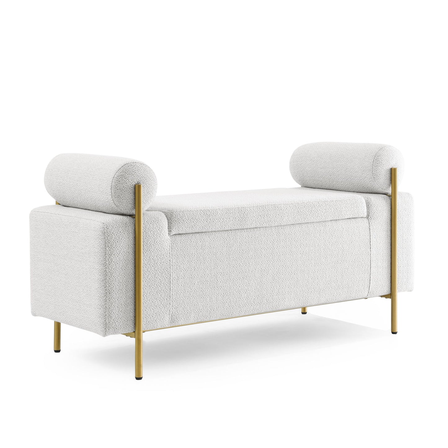 Elegant Upholstered Storage Bench With Cylindrical Arms And Iron Legs, - The Sleep Loft - Online Mattress Showroom NYC