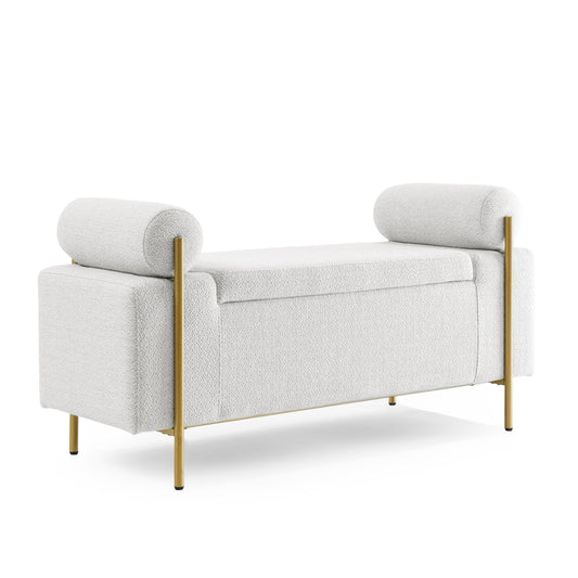 Elegant Upholstered Storage Bench With Cylindrical Arms And Iron Legs, - The Sleep Loft - Online Mattress Showroom NYC