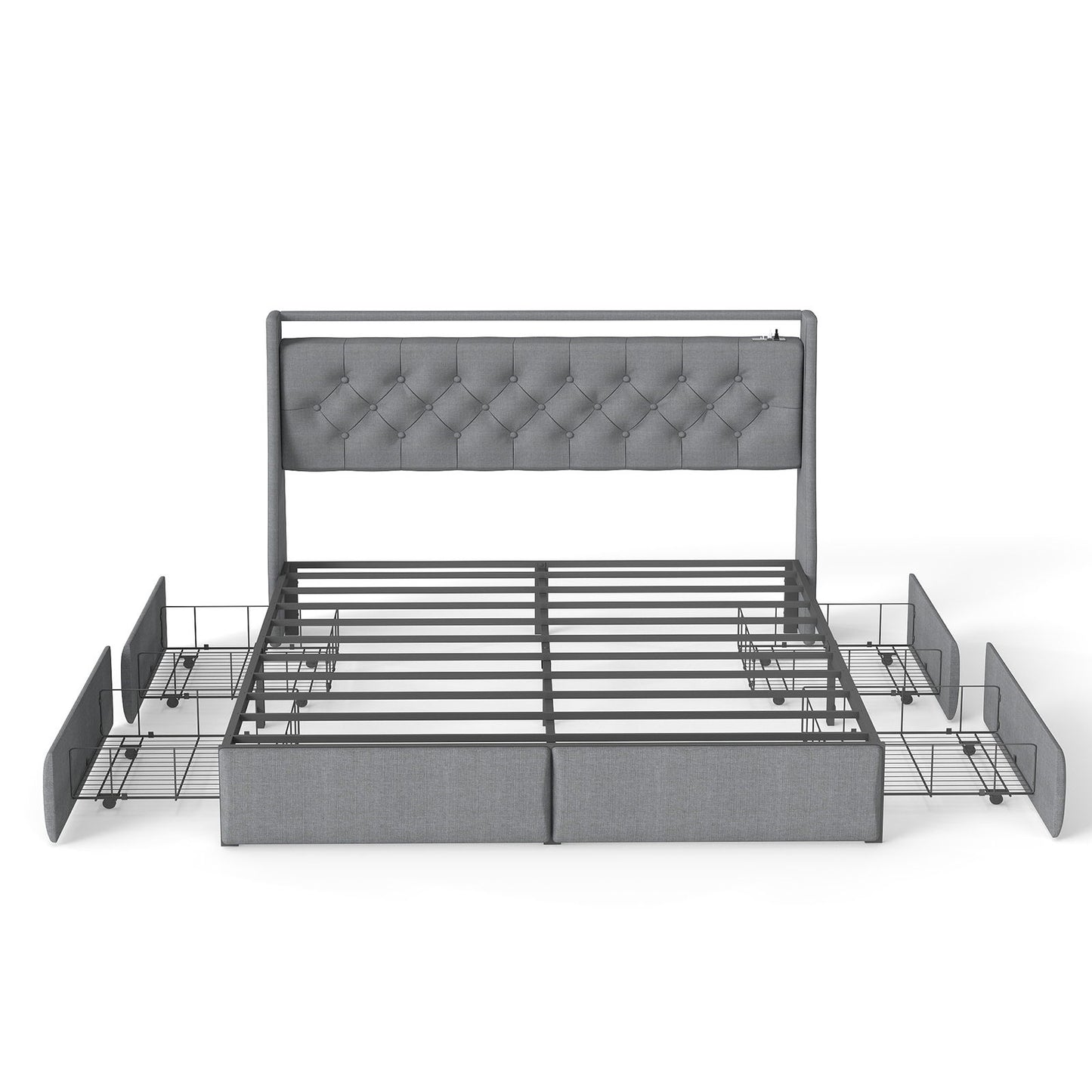 Queen Platform Bed Frame With RGB LED & Charging Station, Storage Headboard - Gray