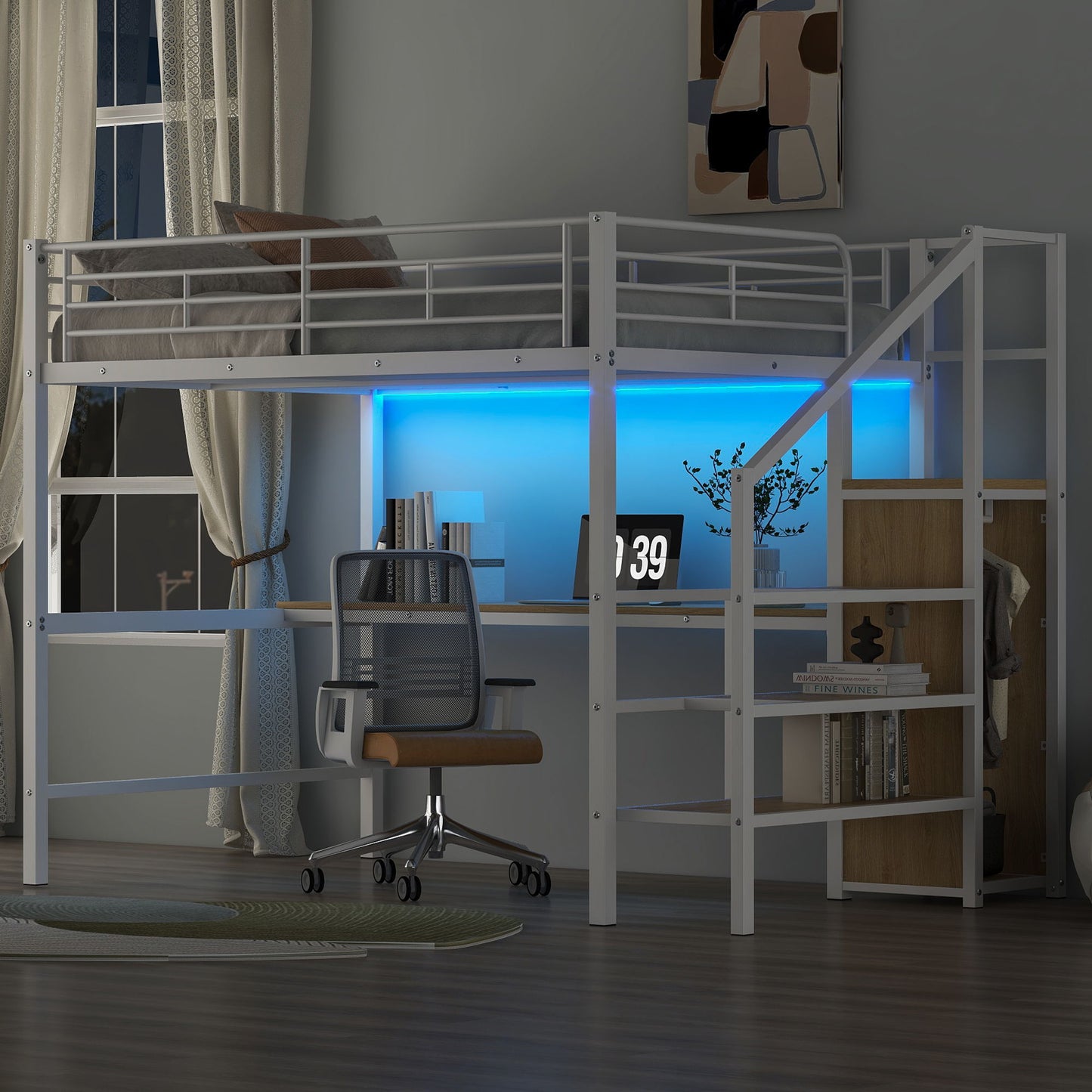 Loft Bed With Desk, Storage Staircase, Small Wardrobe And LED Light - The Sleep Loft - Online Mattress Showroom NYC