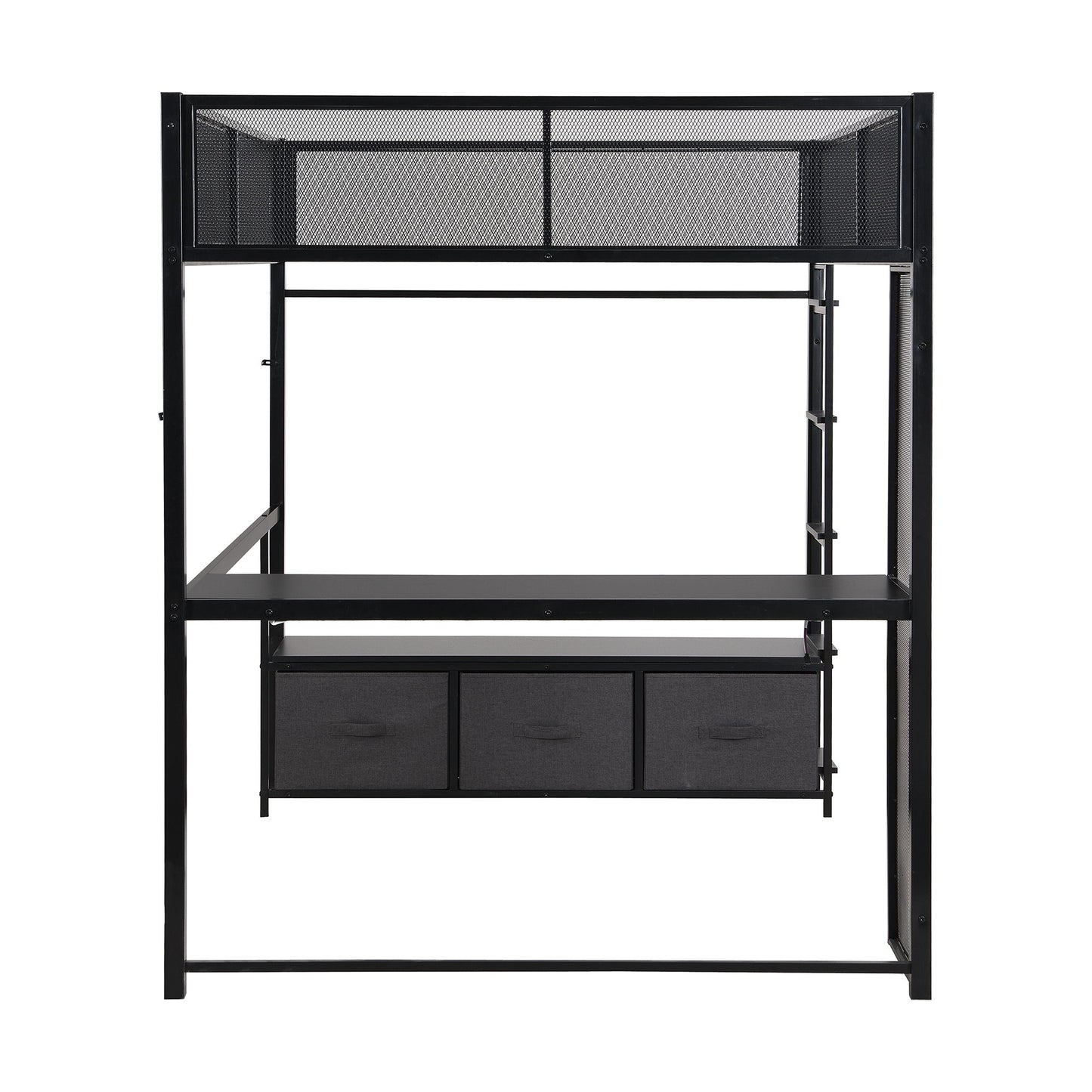 Full Size Gaming Loft Bed With LED Desk, Open Wardrobe, 3 Linen Storage Drawers - Black - The Sleep Loft - Online Mattress Showroom NYC