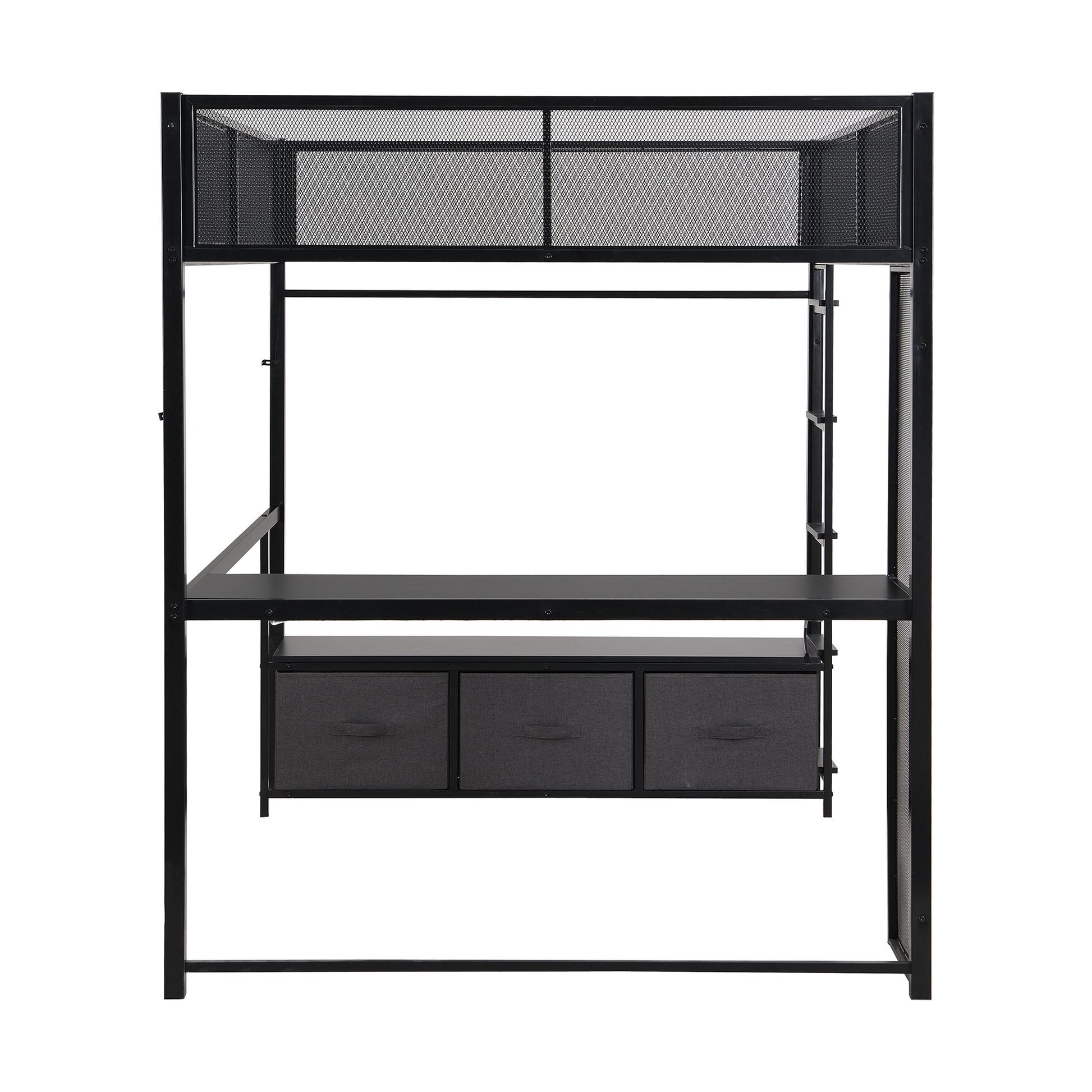 Full Size Gaming Loft Bed With LED Desk, Open Wardrobe, 3 Linen Storage Drawers - Black - The Sleep Loft - Online Mattress Showroom NYC