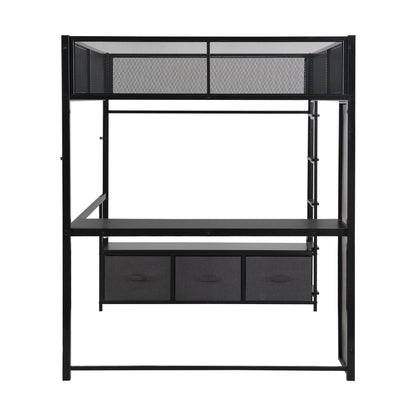 Full Size Gaming Loft Bed With LED Desk, Open Wardrobe, 3 Linen Storage Drawers - Black - The Sleep Loft - Online Mattress Showroom NYC