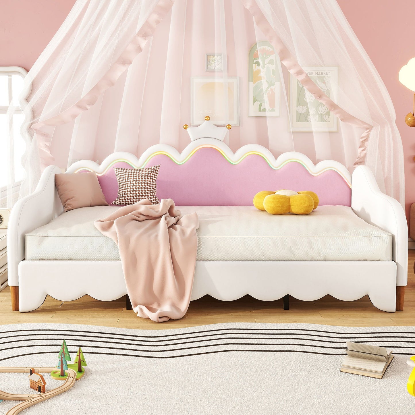 Extending Daybed With LED Lights, Modern Upholstered Princess Daybed With Crown Headboard - The Sleep Loft - Online Mattress Showroom NYC