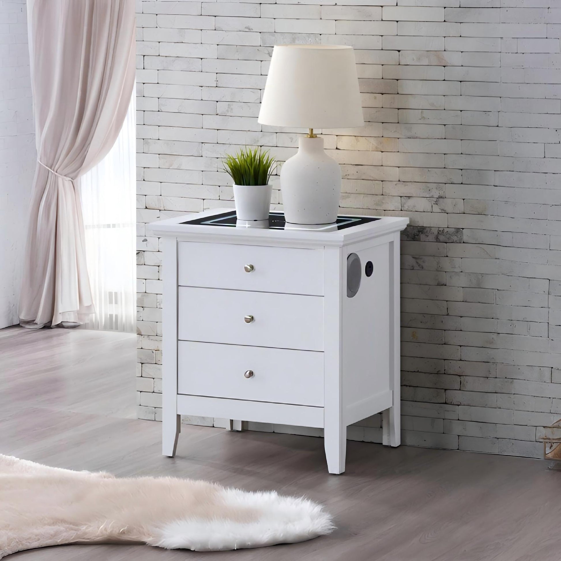 Hammond - Smart 3 Drawer Nightstand With USB Charging And Integrated Speakers - White - The Sleep Loft - Online Mattress Showroom NYC
