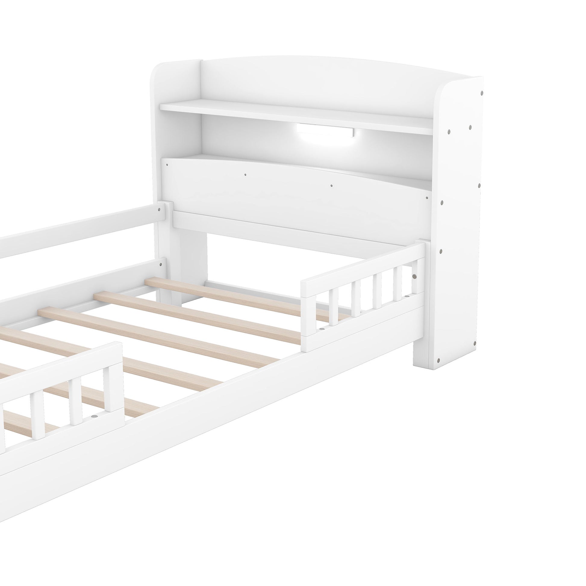 Wood Platform Bed With Built In LED Light, Storage Headboard And Guardrail - The Sleep Loft - Online Mattress Showroom NYC