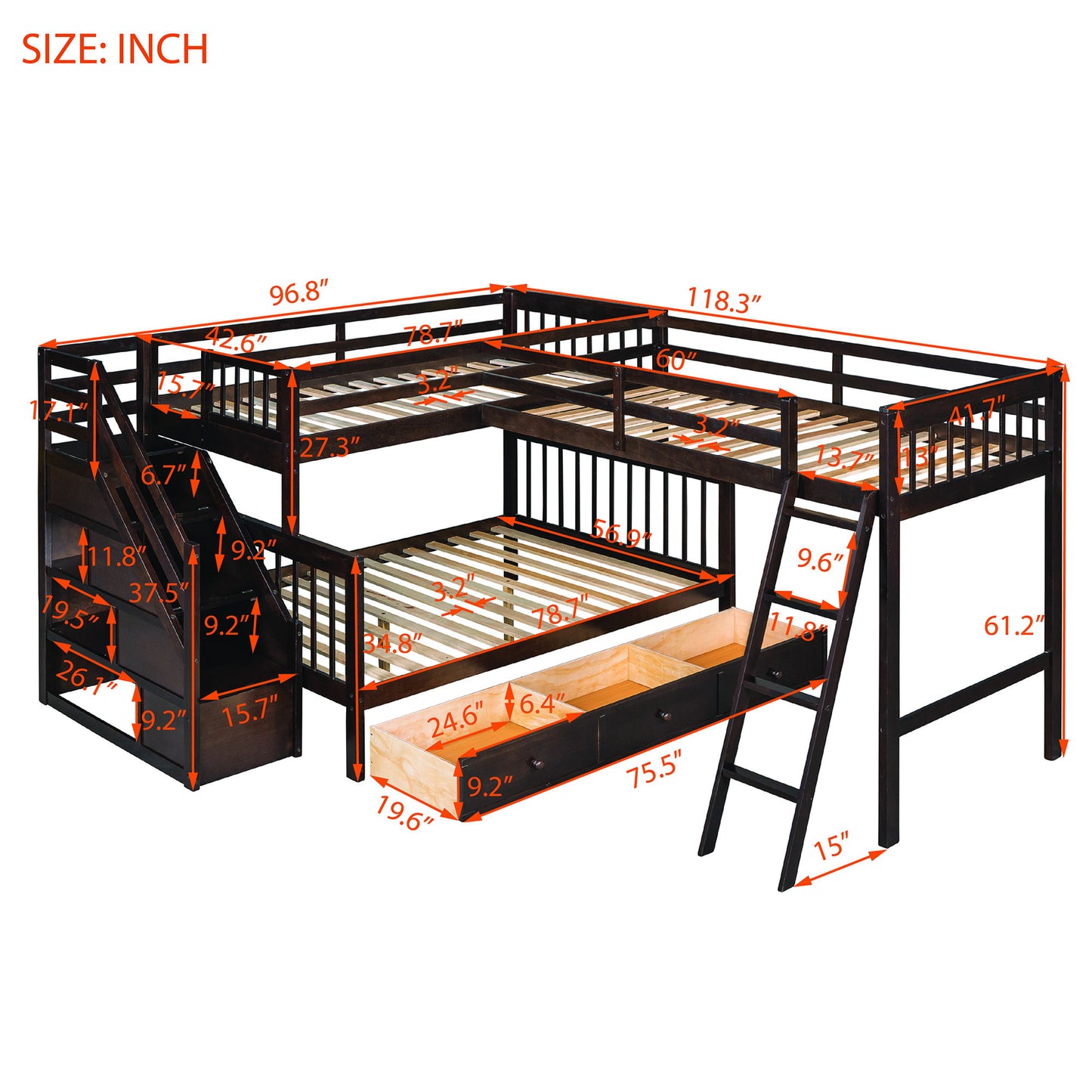 Solid L Shaped Bunk Bed With 3 Drawers, Ladder And Staircase - The Sleep Loft - Online Mattress Showroom NYC