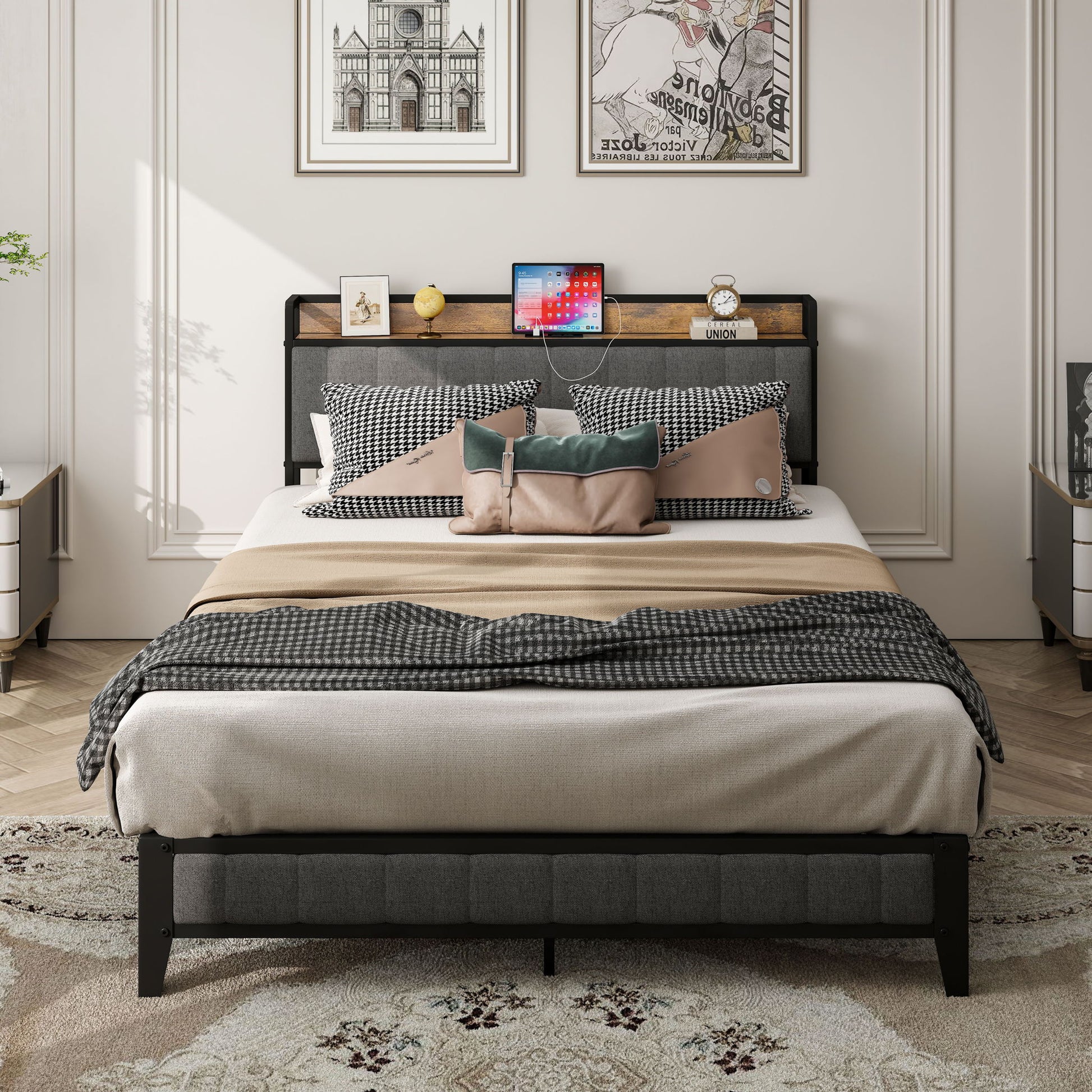 Bed With Charging Station, American Design Upholstered Headboard, Metal Platform - The Sleep Loft - Online Mattress Showroom NYC
