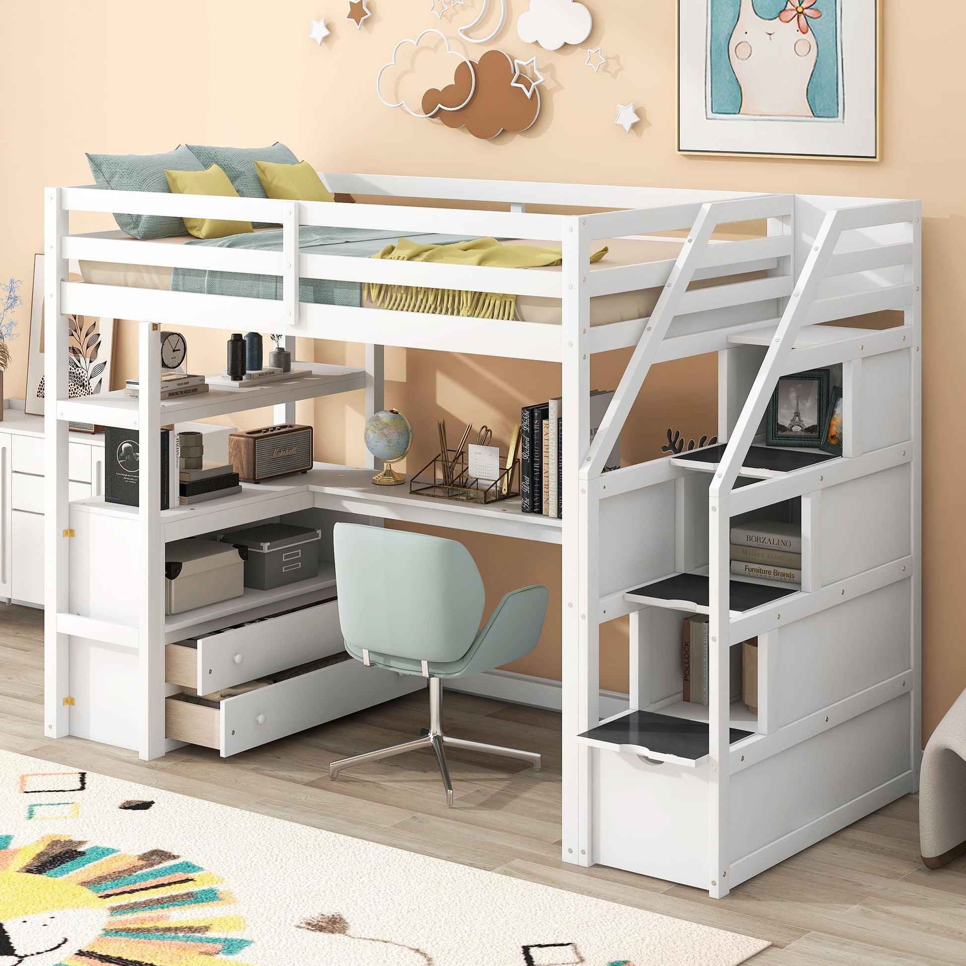 Loft Bed With Desk, Shelves, 2 Drawers, Storage Staircase - The Sleep Loft - Online Mattress Showroom NYC
