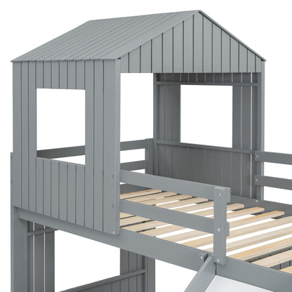Loft Bunk Bed With Playhouse, Farmhouse, Ladder, Slide And Guardrails - The Sleep Loft - Online Mattress Showroom NYC