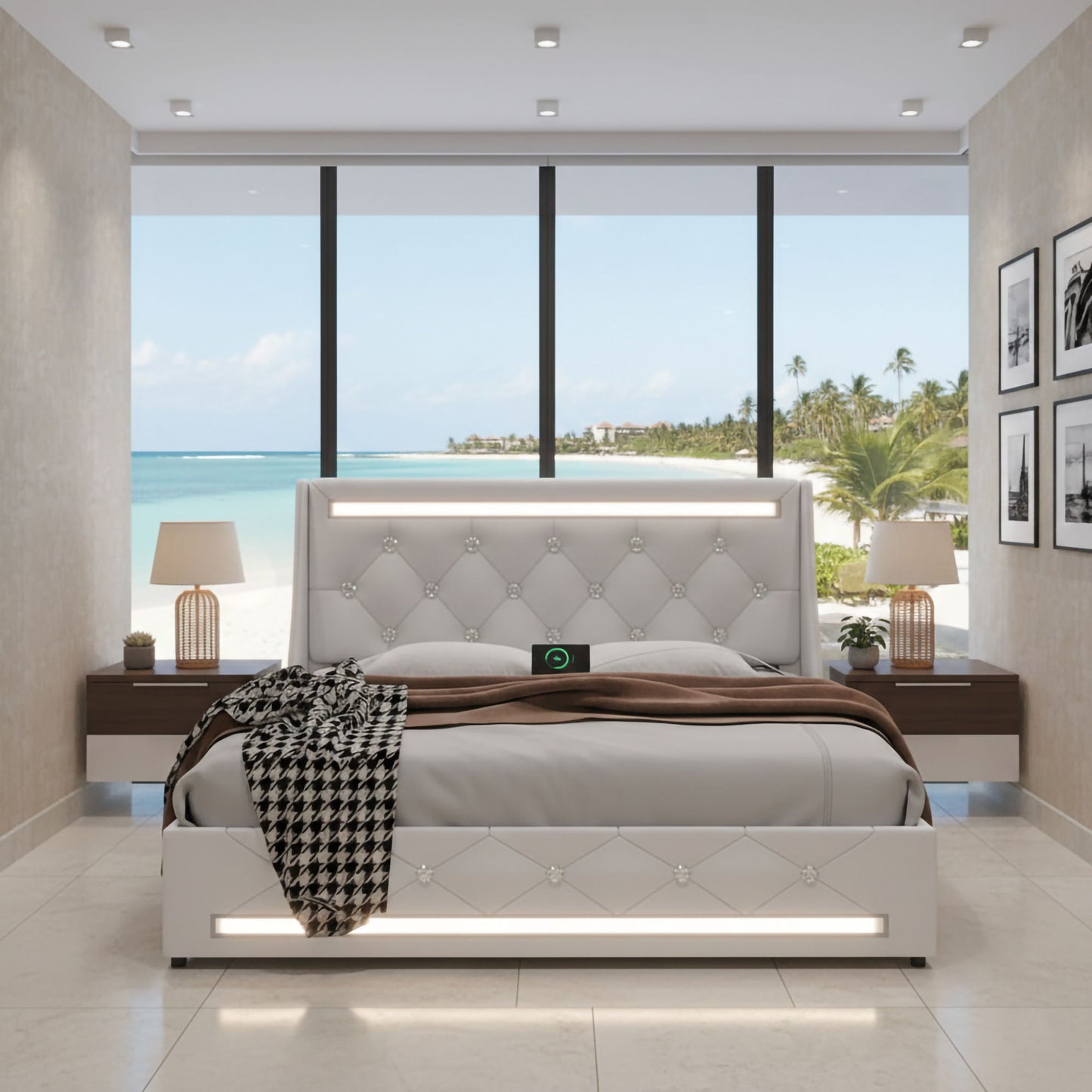 Wingback Upholstered Bed Frame With LED Lights, Charging Station - The Sleep Loft - Online Mattress Showroom NYC
